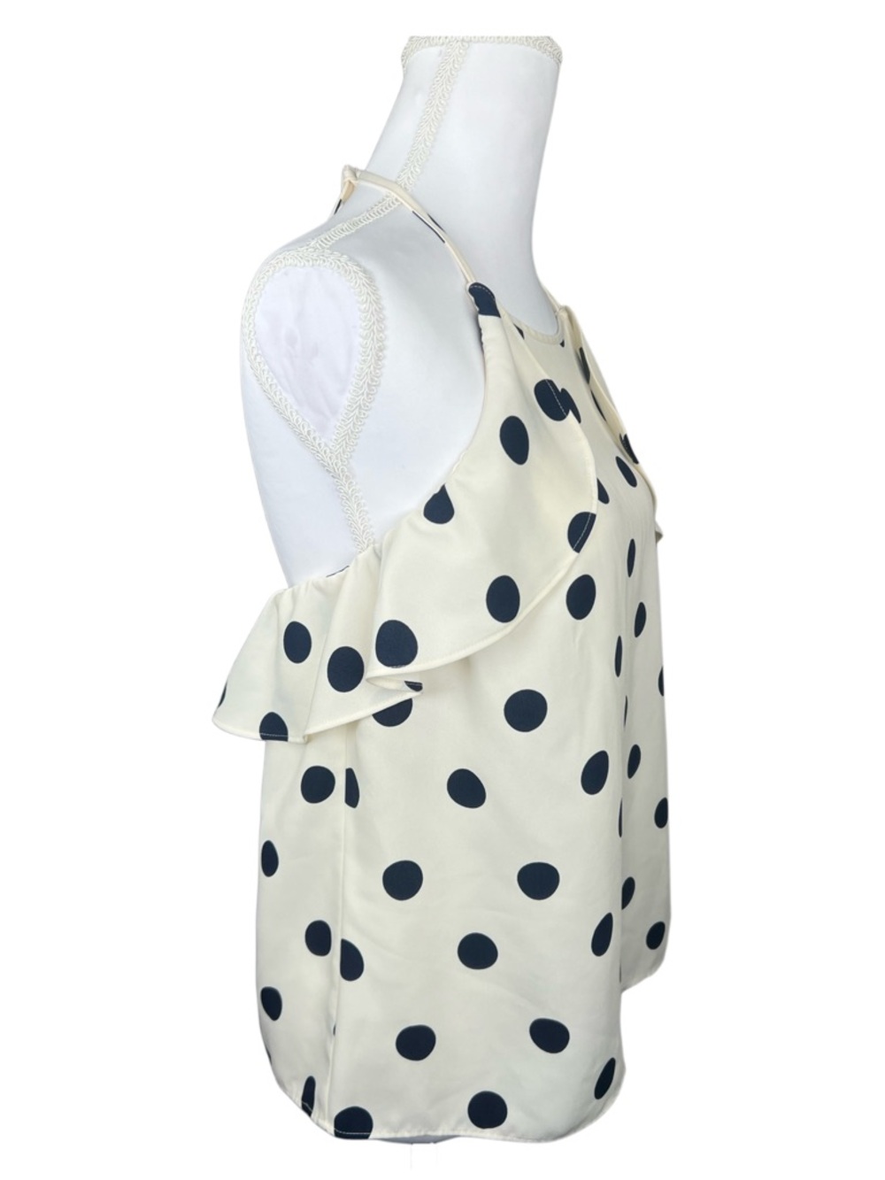 J.Crew Polka Dot Halter Top Size 6 Cream Navy Ruffle Sleeveless Blouse - Picture 3 of 6